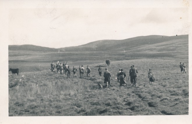 A hunt. Reverse reads: 'Dirnanean. Sept 1948. Francis Balfour and Miss Sherwood leading then (?) Archdeacon Reid and K.G. Balfour. The day that the four Enochdhu Cottages were burnt out. 