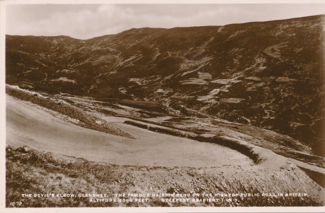 'The Devil's Elbow, the famous harpin bend on the highest public road in Britain. Altitudes 2000 feet. Steepest gradient 1 in 3.'