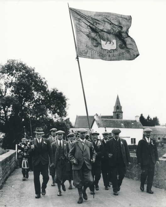 Strathardle Gathering parade, c. 1935.  The people are believed to be (left to right): John Cameron; Ronald Crichton; Jimmy Nicoll; Sir George Nairn (chieftan); John Petrie; and Peter Crichton. 