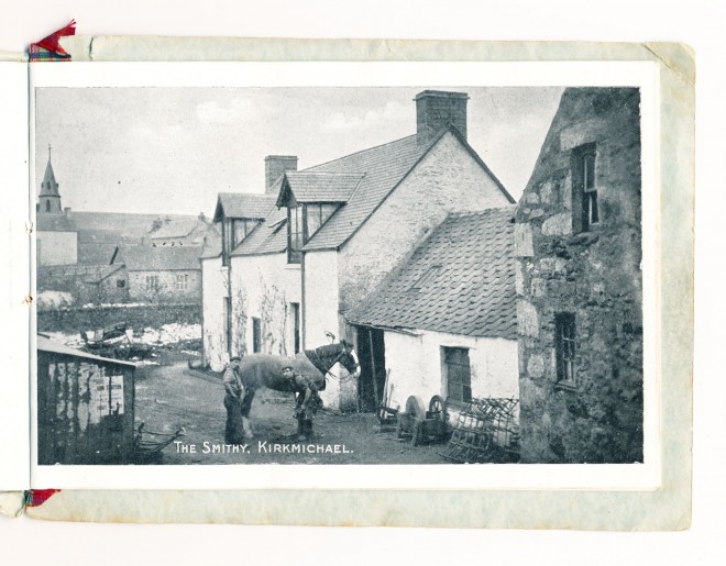 'The Smithy, Kirkmicahel'.  Kirkmichael Blacksmiths, which was demolished in 1958.