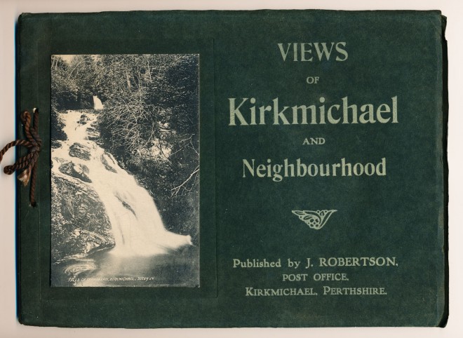 'Views of Kirkmichael and Neighbourhood. Published by J Robertson, Post Office, Kirkmichael, Perthshire'. Picture: 'Falls of Dirnanean, Kirkmichael'