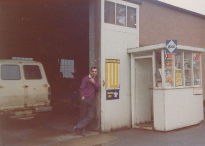 Man outside the Kirkmichael garage, c. 1980.