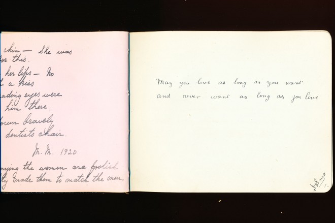 Autograph entry: ”May you live as long as you want and never want as long as you live” J. Small