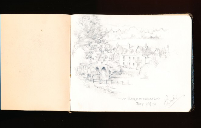 Autograph entry: sketch of Kirkmichael ’Kirkmichael July 24th A. Baxter’