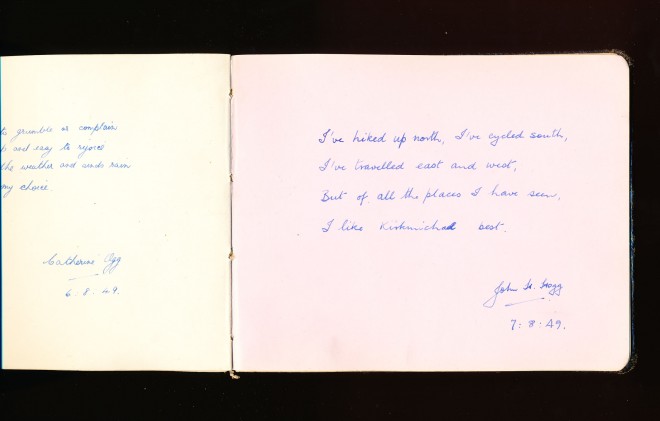 Autograph entry: ’I’ve hiked up north, I’ve cycled south, I’ve travelled east and west But of all the places I have seen. I like Kirkmichael best. John H. Hogg (?) 7:8:49’