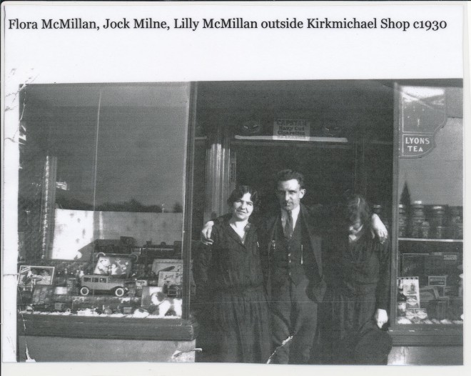 Flora McMillan, Jock Milne, and Lily McMillan outside Kirkmichael Shop, c. 1930.