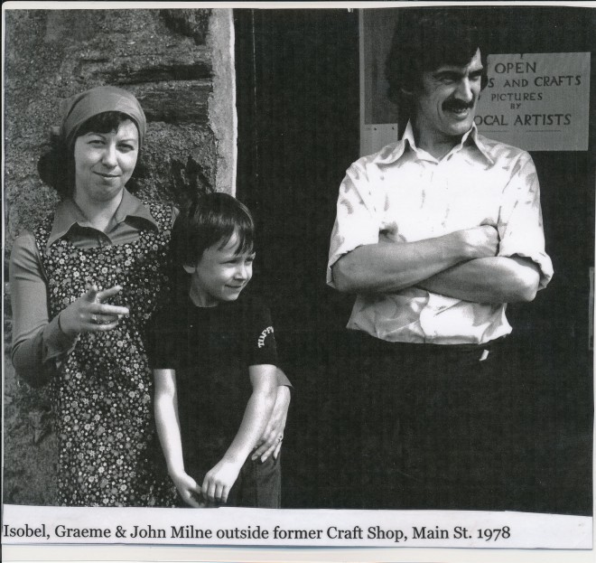 Isobel, Graeme, and John Milne outside former Craft Shop, Main Street, Kirkmichael, 1978.