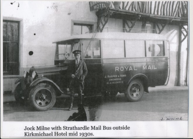 Jock Milne with Strathardle Mail Bus outside Kirkmichael Hotel, c. 1935.