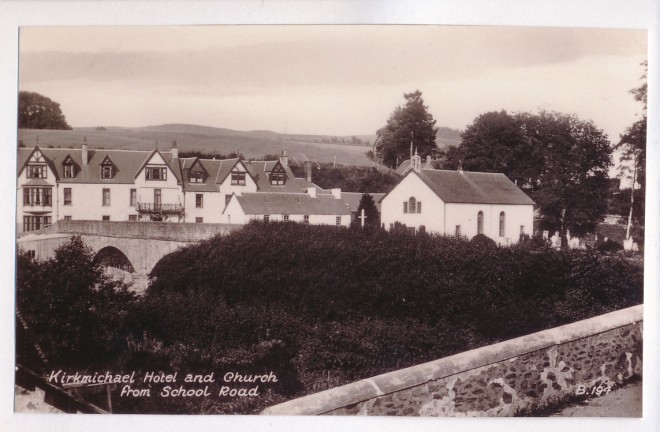 Kirkmichael Hotel and church from School Road, c. 1935.