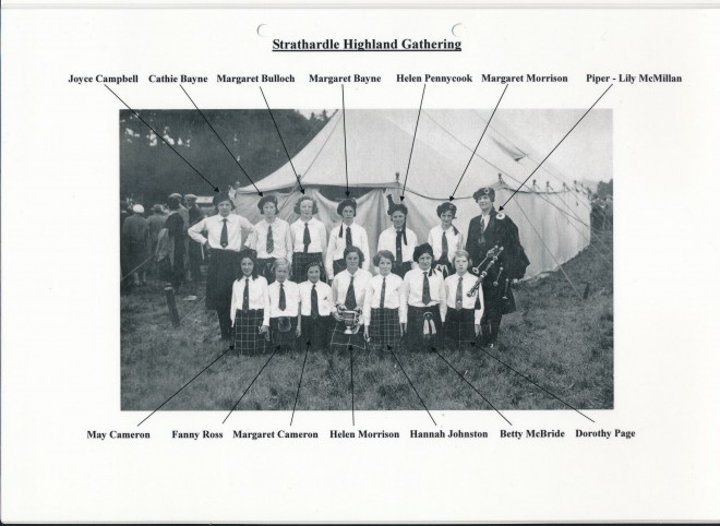 Strathardle Highland Gathering, c.1938.  The piper, Lily McMillan, had one of the shops in the village.