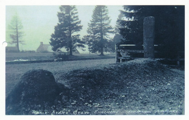 Prince Ardle's Grave, c. 1920.  Prince Ardle (or Ard-Fhuill) was believed to have been a Caledonian of noble blood who was slain fighting off a Danish invasion.  This is one theory behind how Strathardle got it's name: the strath (broad mountain valley) of Ard-Fhuill, making Strath Ard-Fhuill, and then Strathardle.