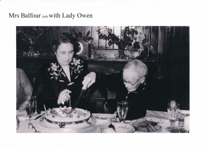 Mrs Balfour - wife of F. K. Balfour, laird at Dirnanean - with Lady Owen at WRI get-together, c. 1955.
