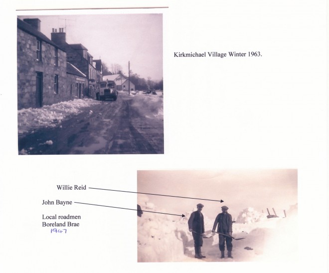 Top: Kirkmichael Main Street, 1963 - note that the blacksmiths formerly on the right-hand side of the road is no longer there. Bottom: Willie Reid and John Bayne clear Boreland Brae, Blacklunans, 1947.