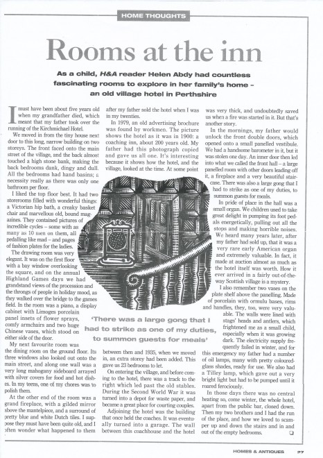 Article featuring reminiscences about Kirkmichael Hotel by Helen Abdy for 'Homes & Antiques' magazine.