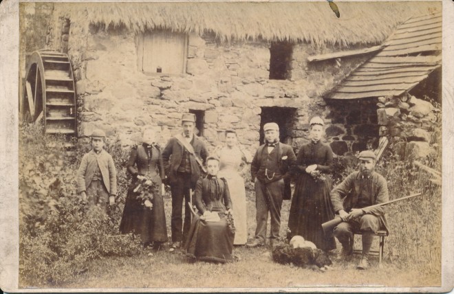People gathered near the old water mill, Balnald Bridge, c. 1895.