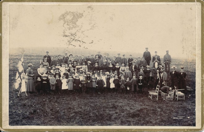 A large group of people celebrate Queen Victoria's Golden Jubilee somewhere in Strathardle, 1887. Photo by James Stewart, artist, Kirkmichael.