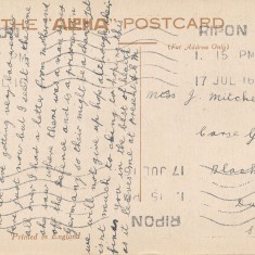 Postcard from Peter Mitchell's brother Adam to his sister Jemima, recieved on 17/07/1916. See gallery description for transcription.