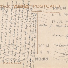 Postcard from Peter Mitchell's brother Adam to his sister Jemima, recieved on 17/07/1916. See gallery description for transcription.