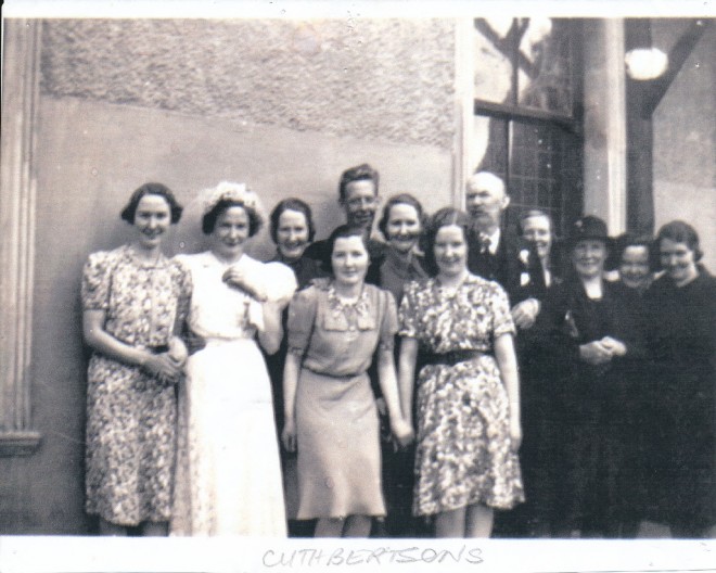 Carol: 'That is all the Cuthbertson family taken on Maggie's wedding day and was taken either at Kirkmichael Hotel or Auldchlappie Hotel. This is a copy of the original which is with other relatives... The Cuthbertsons lived in Balnikilly where the father was a shepherd'. 