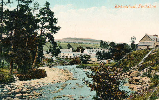 A coloured postcard of Kirkmichael village