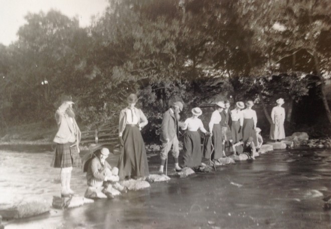 The Constable Family on the stepping stones on the river Ardle