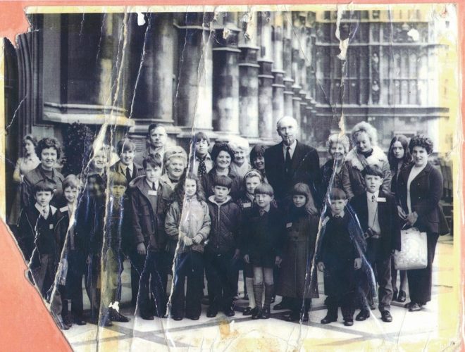 London sometime around Alec Douglas Home’s spell as PM Teacher Mrs Dutch. Late 60’s I would guess. Mrs Parkes at Sir A’s left and Wendy Parkes at right shoulder and a few kent faces but can’t put names to them. 