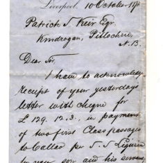 Pacific Steamer co to P Keir re payment for passage of W Keir 10 Oct 1878 Pacific Steamer co to P Keir re payment for passage of W Keir 10 Oct 1878. Cost £125 in 1878 = £13875 in 2018. page1.